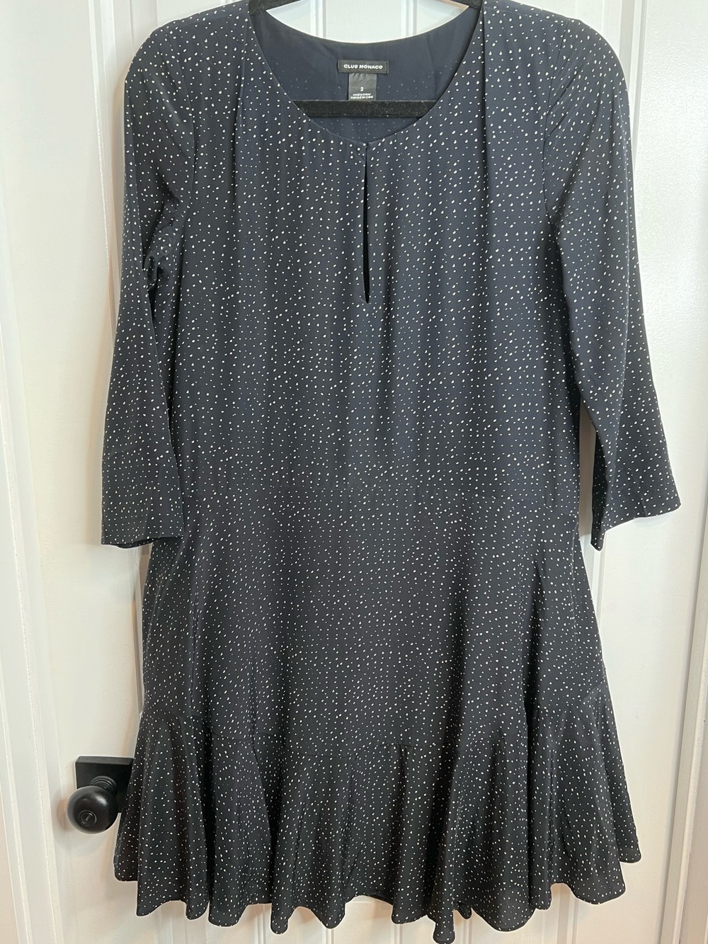 Club Monaco Black Silk Polka Dot A-Line Ruffle Knee Length Dress. Size 2.